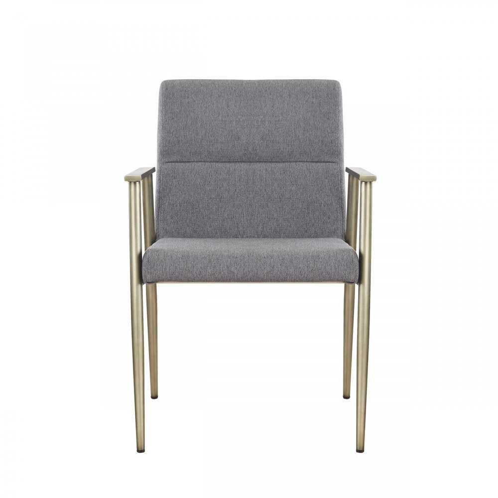 Gray and Antiqued Brass Upholstered Fabric Dining Arm Chair