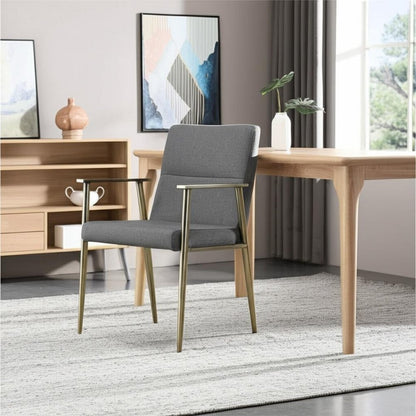 Gray and Antiqued Brass Upholstered Fabric Dining Arm Chair