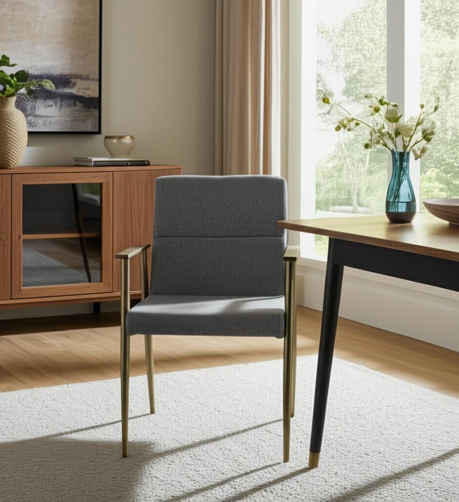 Gray and Antiqued Brass Upholstered Fabric Dining Arm Chair