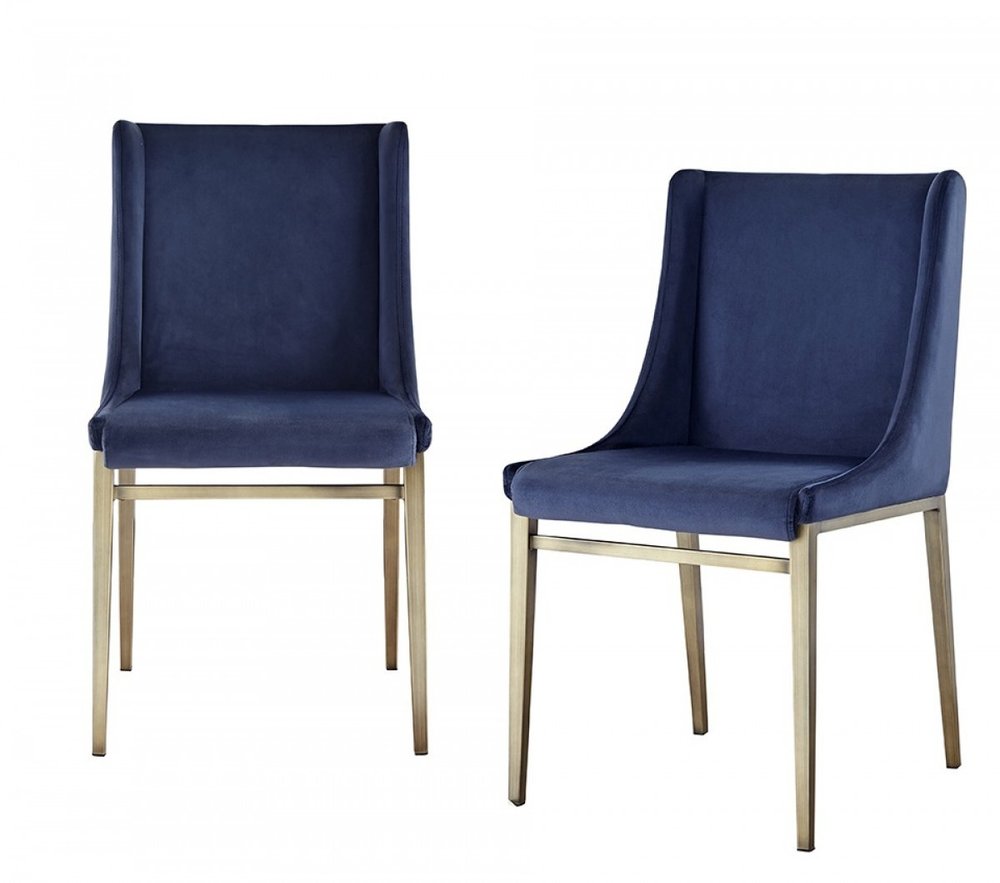 Set of Two Blue and Antiqued Brass Upholstered Fabric Wing Back Dining Side Chairs