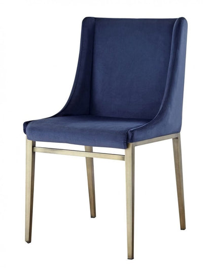 Set of Two Blue and Antiqued Brass Upholstered Fabric Wing Back Dining Side Chairs