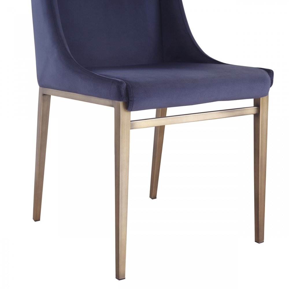 Set of Two Blue and Antiqued Brass Upholstered Fabric Wing Back Dining Side Chairs