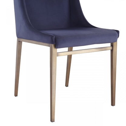 Set of Two Blue and Antiqued Brass Upholstered Fabric Wing Back Dining Side Chairs