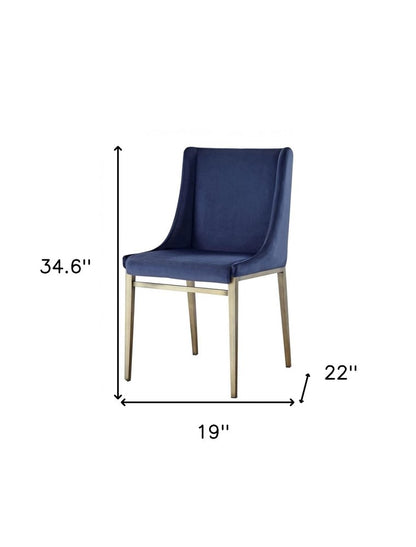 Set of Two Blue and Antiqued Brass Upholstered Fabric Wing Back Dining Side Chairs