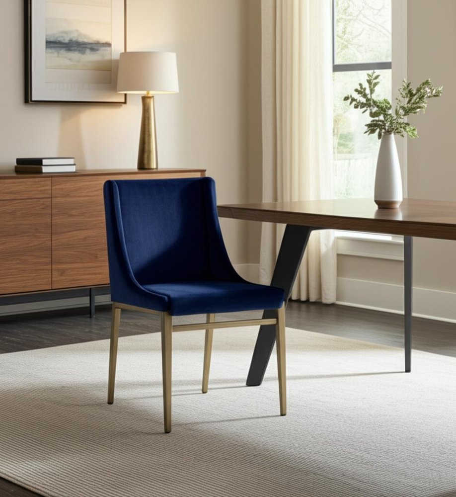 Set of Two Blue and Antiqued Brass Upholstered Fabric Wing Back Dining Side Chairs