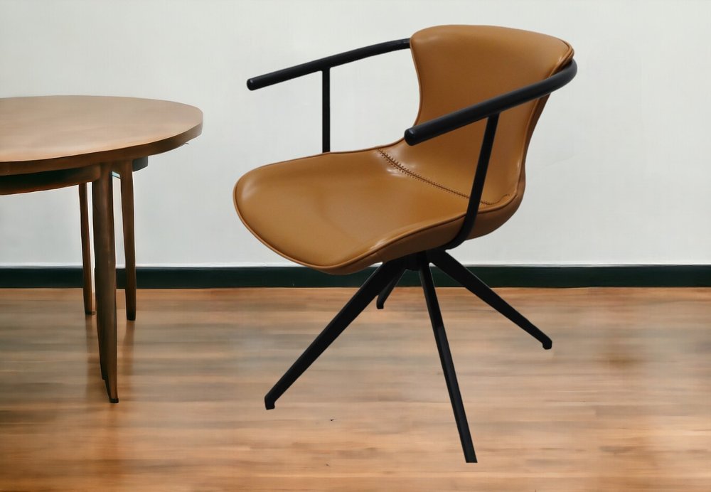 Camel and Black Upholstered Faux Leather Dining Arm Chair