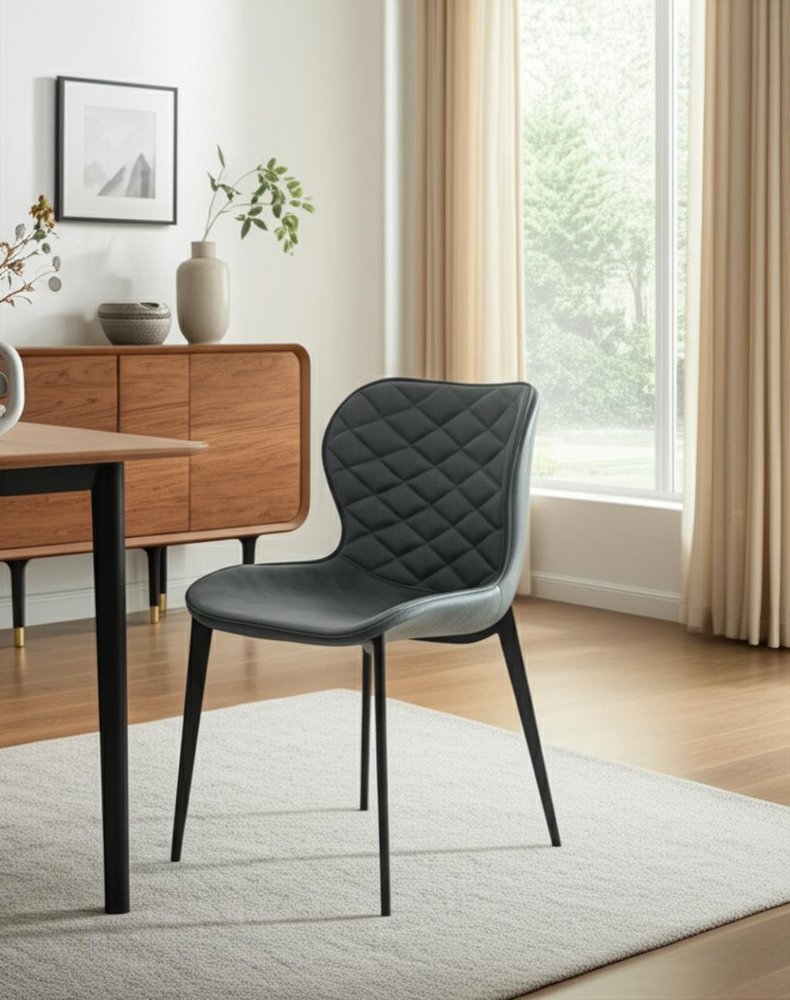 Set of Two Gray and Black Upholstered Faux Leather Dining Side Chairs