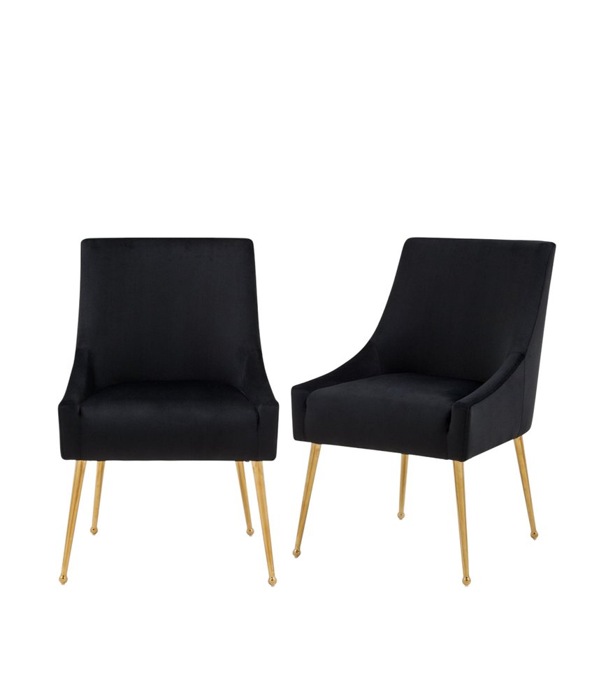 Set of Two Black and Gold Upholstered Velvet Wing Back Dining Arm Chairs
