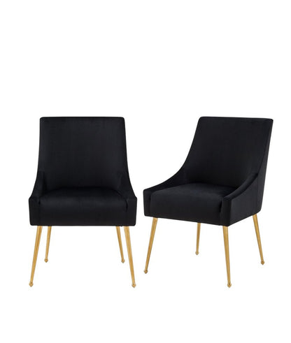Set of Two Black and Gold Upholstered Velvet Wing Back Dining Arm Chairs