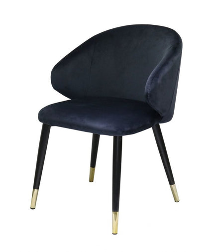 Set of Two Blue Black and Gold Upholstered Velvet Wing Back Dining Arm Chairs