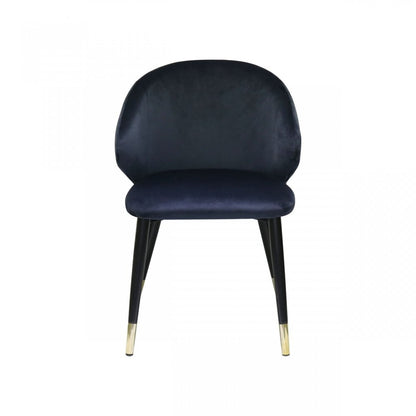 Set of Two Blue Black and Gold Upholstered Velvet Wing Back Dining Arm Chairs