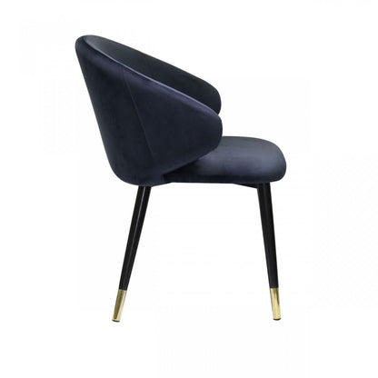 Set of Two Blue Black and Gold Upholstered Velvet Wing Back Dining Arm Chairs