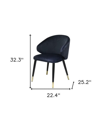 Set of Two Blue Black and Gold Upholstered Velvet Wing Back Dining Arm Chairs