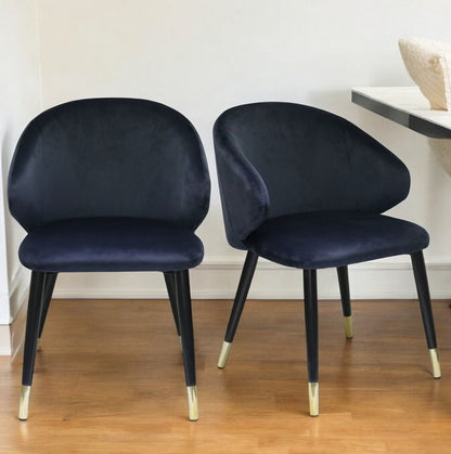 Set of Two Blue Black and Gold Upholstered Velvet Wing Back Dining Arm Chairs