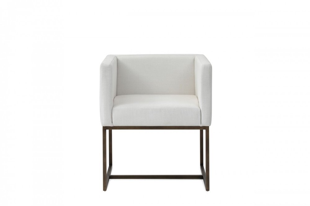 Off White and Antiqued Brass Upholstered Fabric Dining Arm Chair