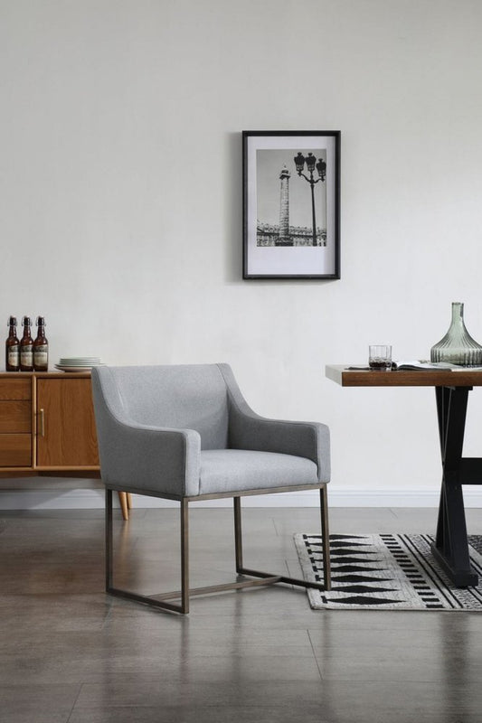 Gray and Antiqued Brass Upholstered Fabric Dining Arm Chair