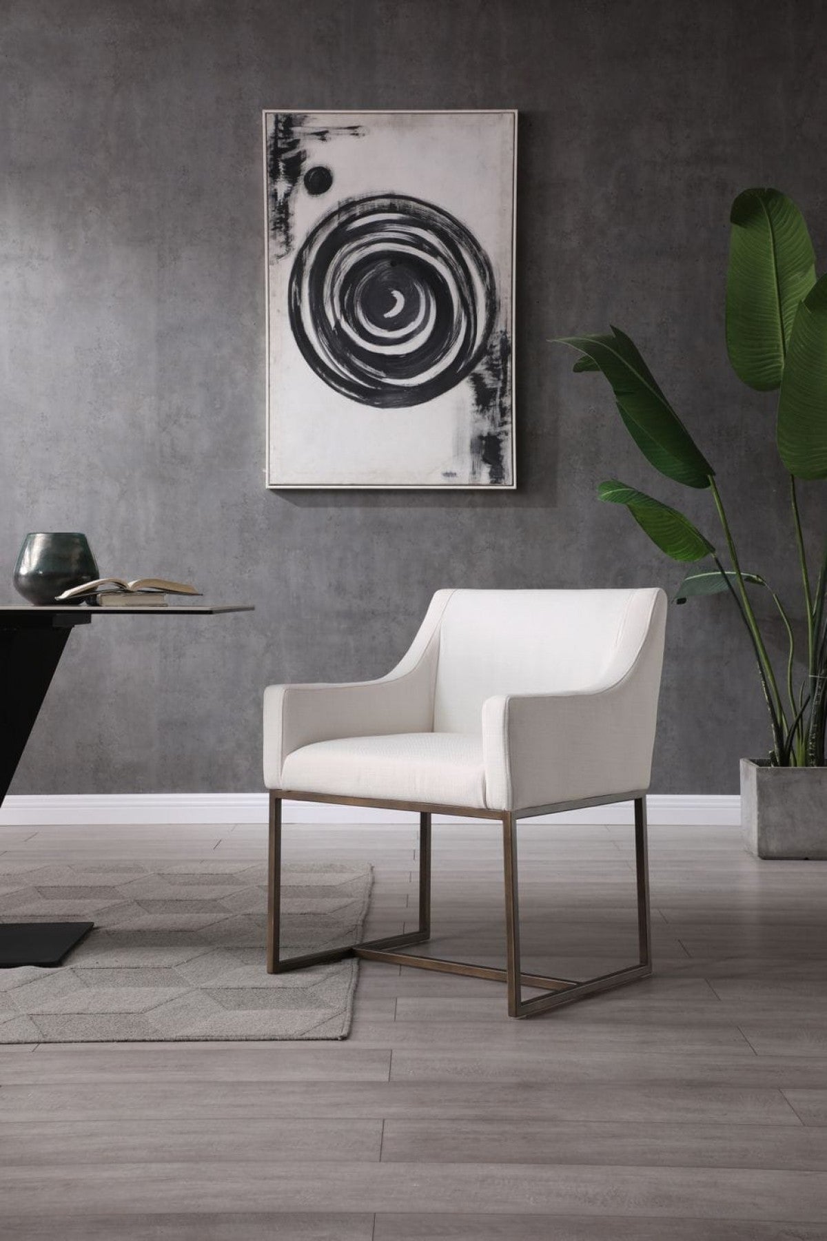 White and Brass Upholstered Fabric Dining Arm Chair