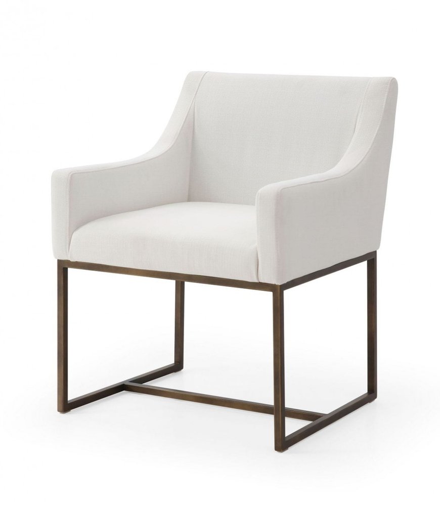 White and Brass Upholstered Fabric Dining Arm Chair