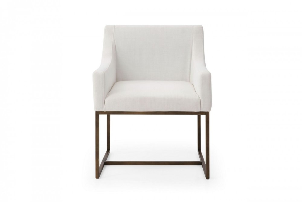 White and Brass Upholstered Fabric Dining Arm Chair