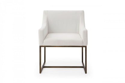 White and Brass Upholstered Fabric Dining Arm Chair