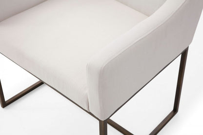 White and Brass Upholstered Fabric Dining Arm Chair