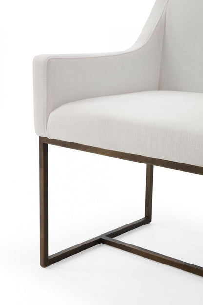White and Brass Upholstered Fabric Dining Arm Chair