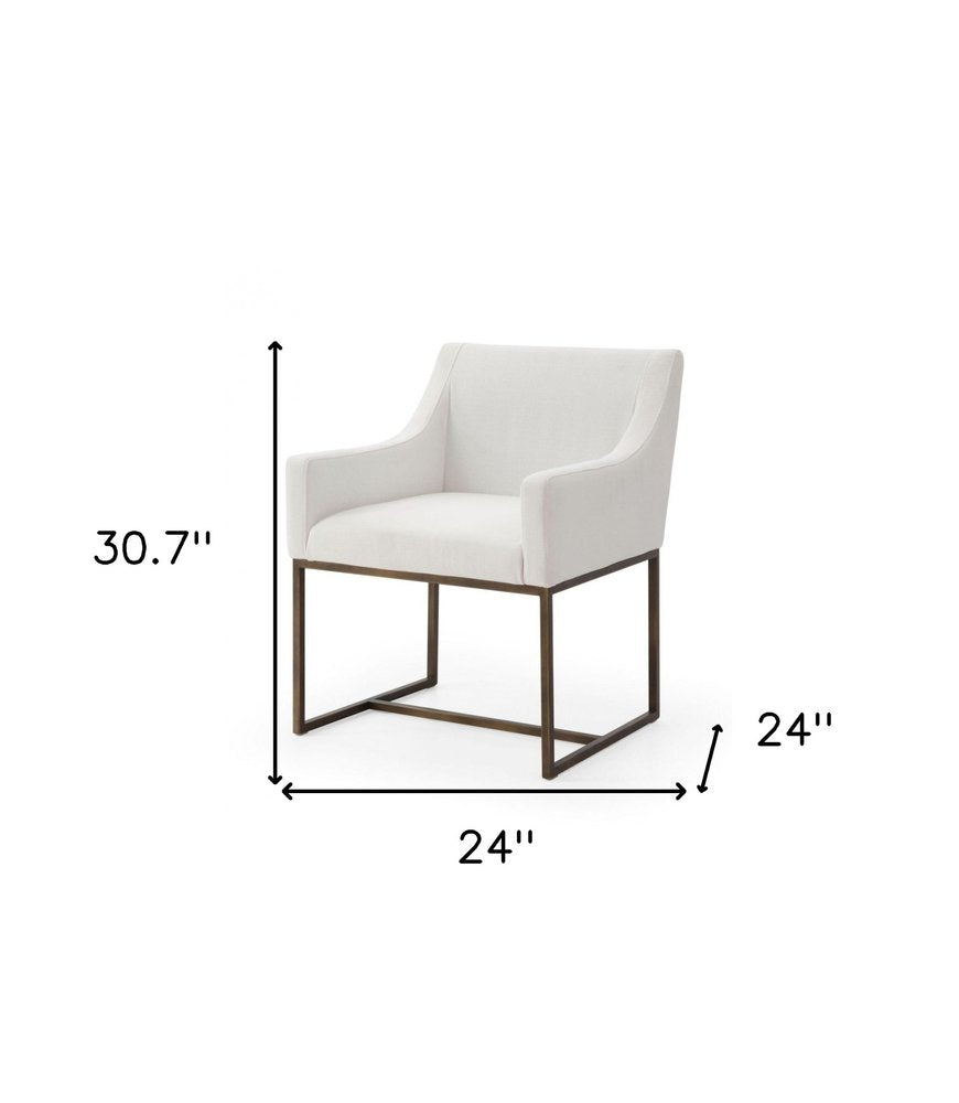 White and Brass Upholstered Fabric Dining Arm Chair