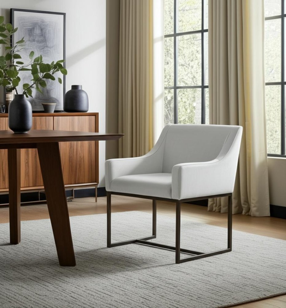 Beige and Antiqued Brass Upholstered Fabric Dining Arm Chair