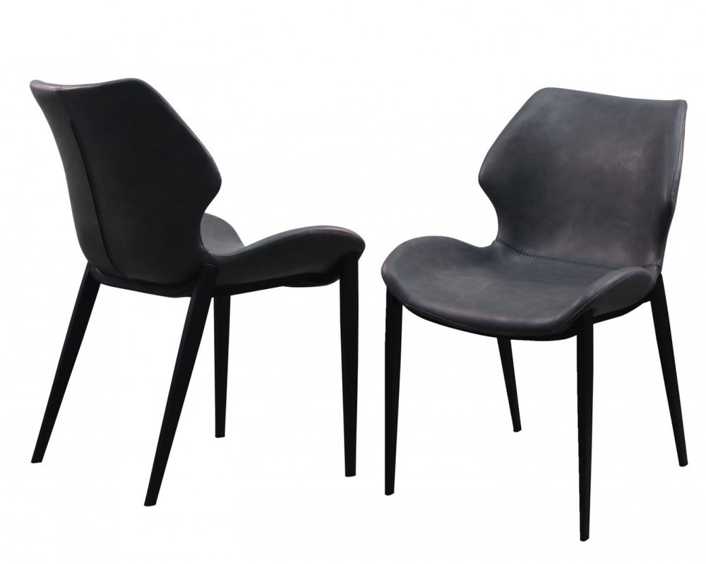 Set of Two Gray and Black Upholstered Faux Leather Wing Back Dining Side Chairs