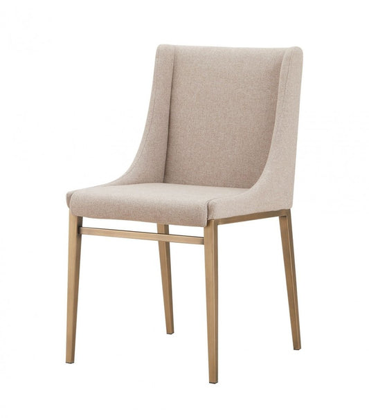 Set of Two Beige and Antiqued Brass Upholstered Fabric Wing Back Dining Side Chairs