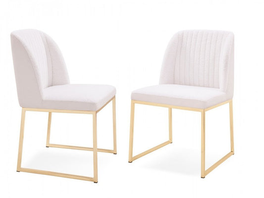 Set of Two White and Gold Upholstered Fabric Wing Back Dining Side Chairs