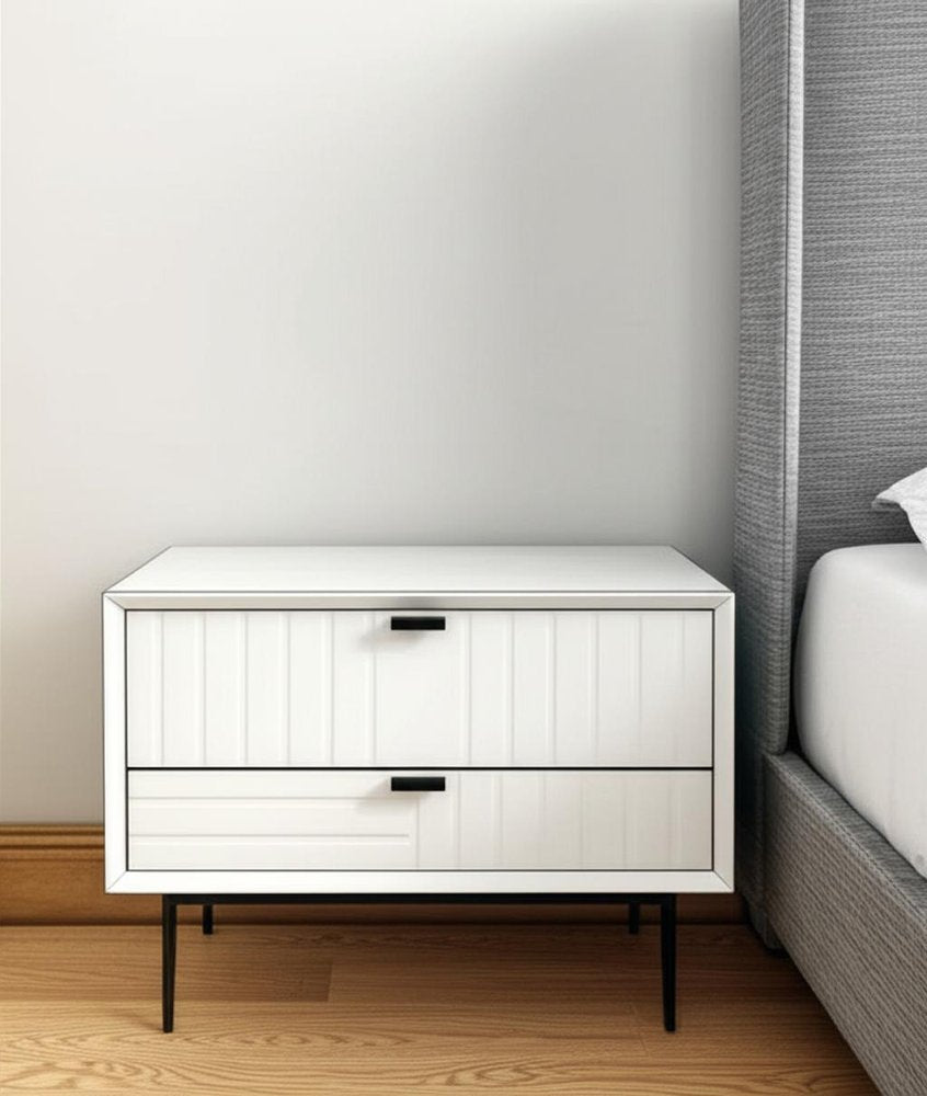 16" White and Black Two Drawer Faux Wood Nightstand