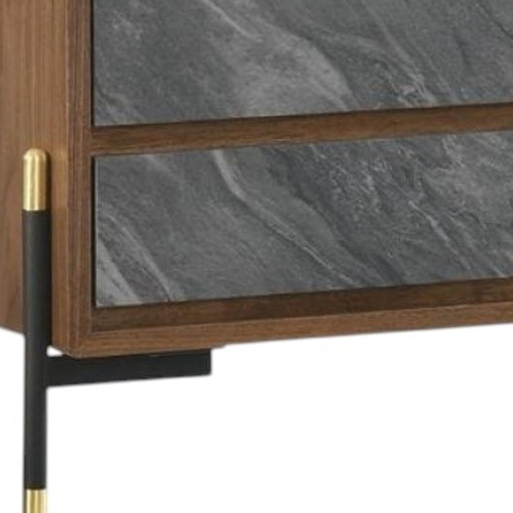 Mid Century Walnut and Gray Faux Marble Two Drawer Nightstand