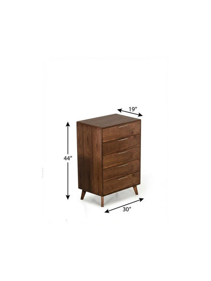 30" Walnut Solid Wood Five Drawer Chest