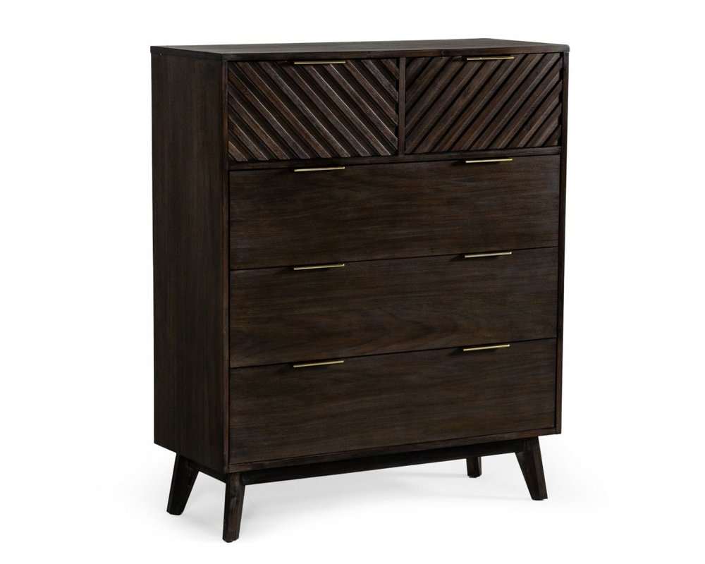 39" Dark Brown Solid Wood Five Drawer Dresser
