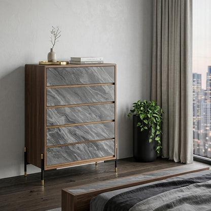 30" Walnut And Grey Manufactured Wood Five Drawer Chest