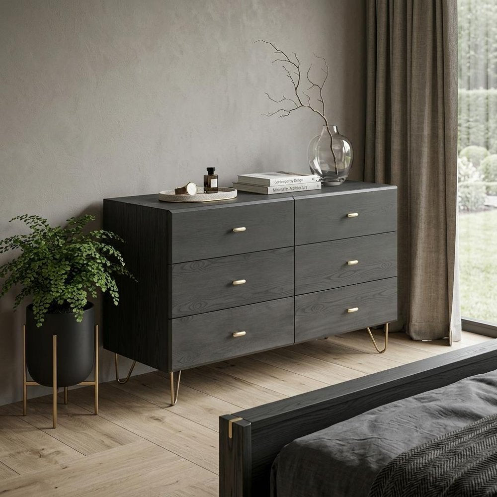 51" Gray Wood Six Drawer Double Dresser