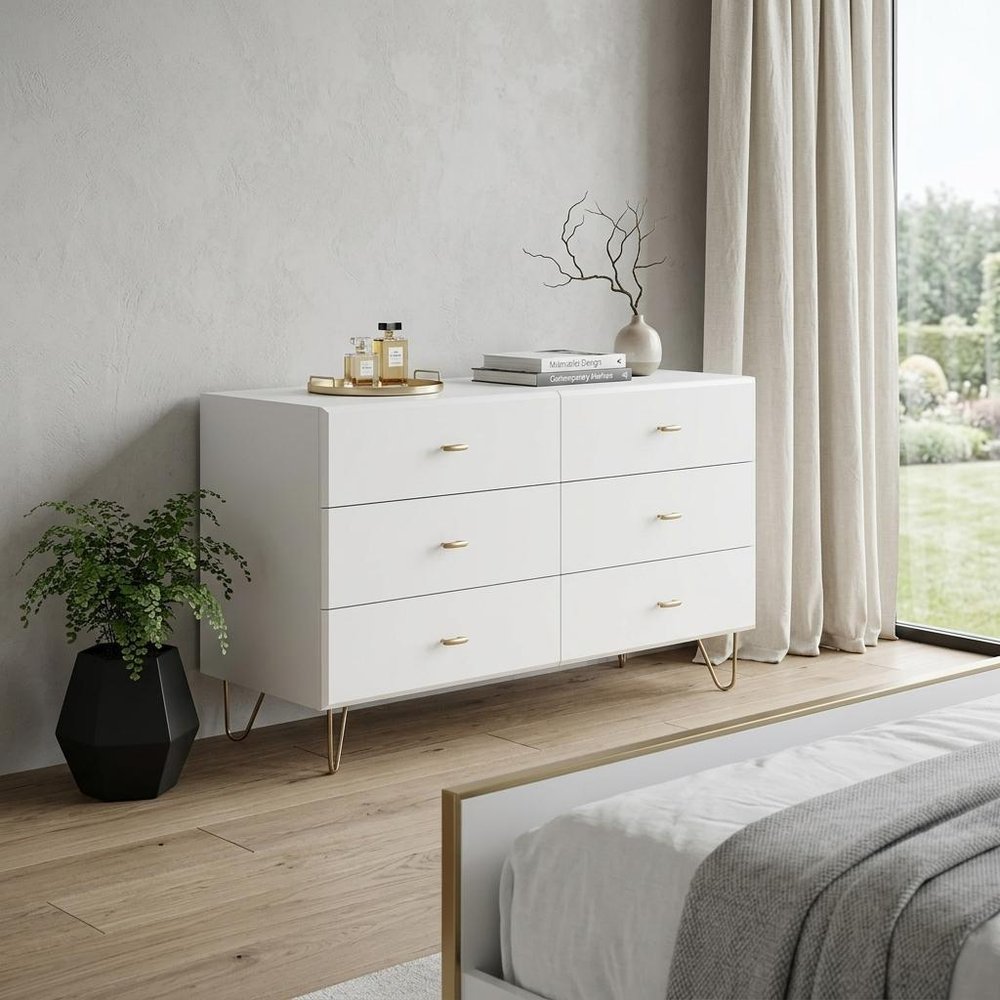 51" White Wood Six Drawer Double Dresser