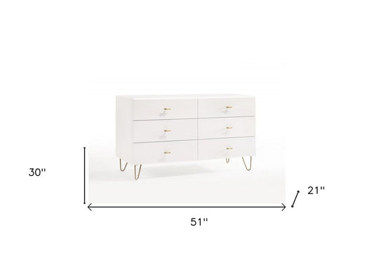 51" White Wood Six Drawer Double Dresser