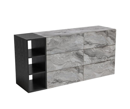 63" Grey Faux Marble and Black Wood Six Drawer Double Dresser