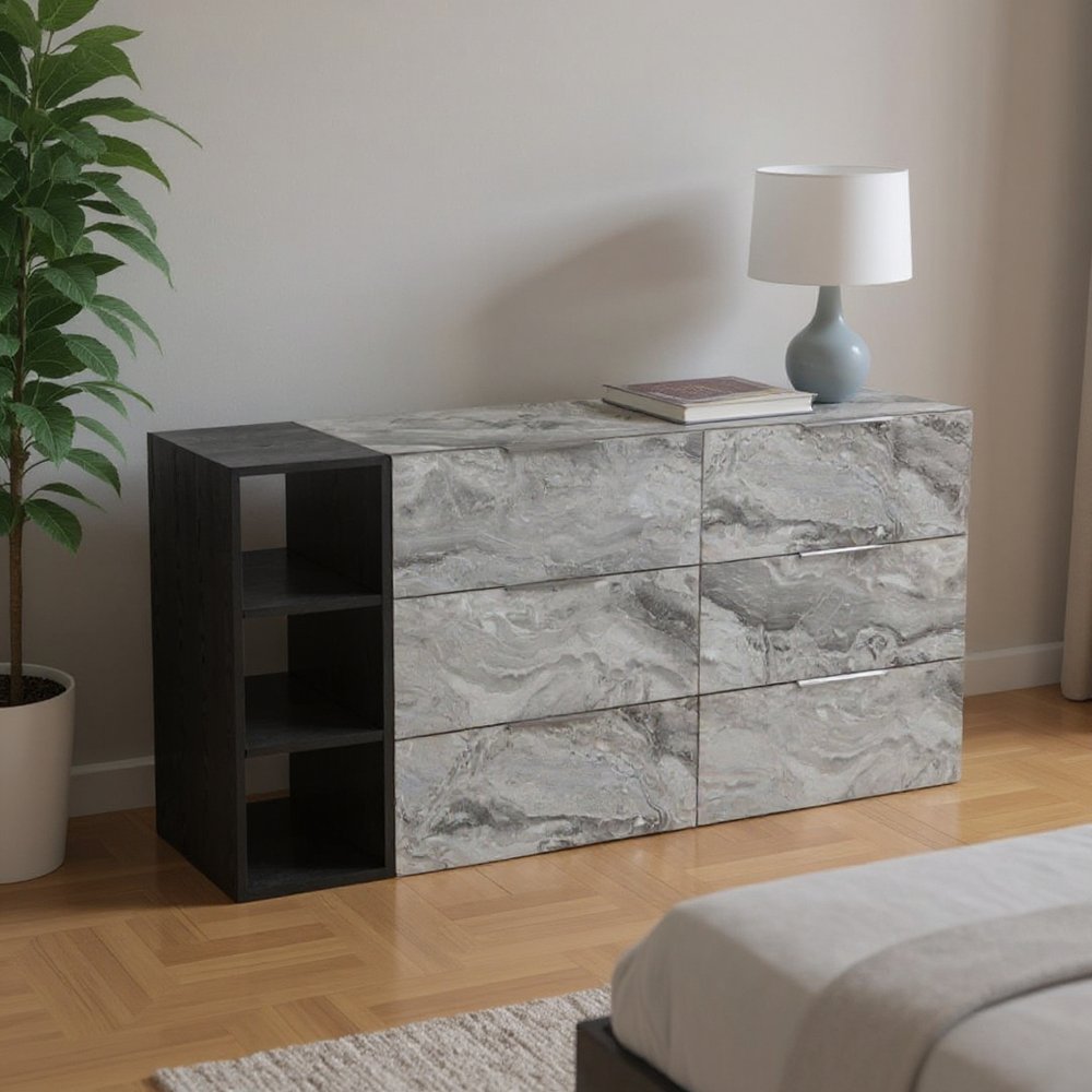 63" Grey Faux Marble and Black Wood Six Drawer Double Dresser