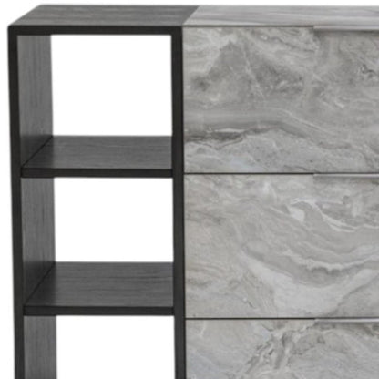 63" Grey Faux Marble and Black Wood Six Drawer Double Dresser