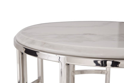 22" White And Silver Faux Marble And Stainless Steel Round Frame End Table