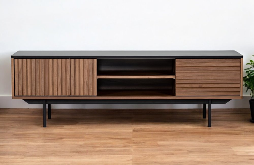 63" Walnut And Gray Wood Open And Enclosed Storage TV Stand