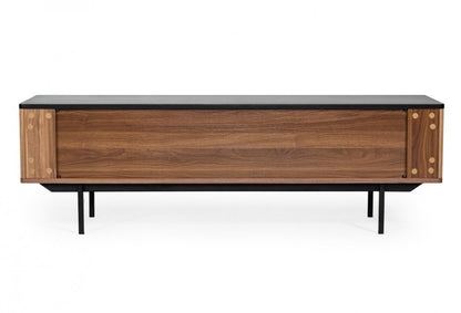 63" Walnut And Gray Wood Open And Enclosed Storage TV Stand