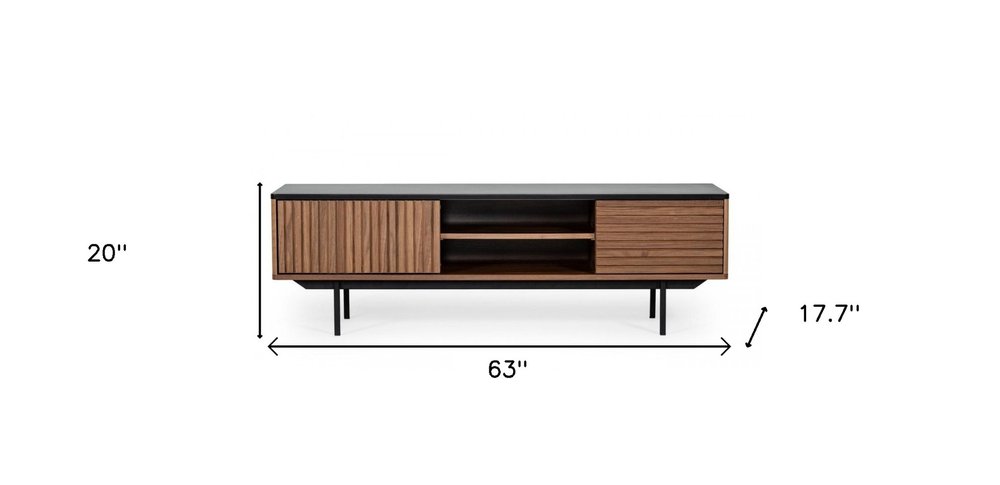 63" Walnut And Gray Wood Open And Enclosed Storage TV Stand