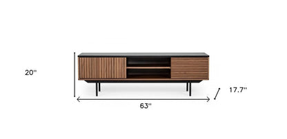 63" Walnut And Gray Wood Open And Enclosed Storage TV Stand