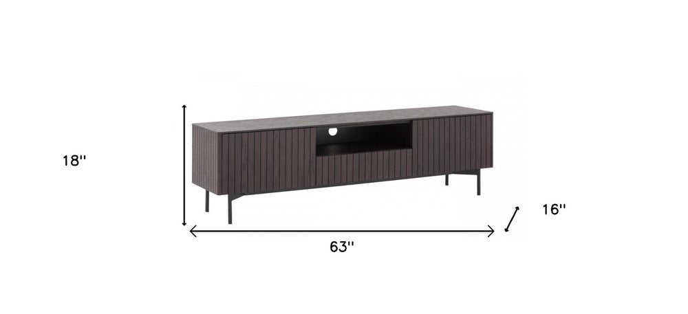63" Dark Brown And Black Wood And Metal Open and Enclosed Storage TV Stand
