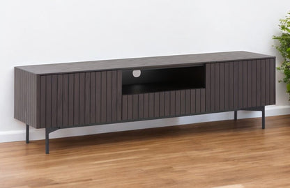 63" Dark Brown And Black Wood And Metal Open and Enclosed Storage TV Stand