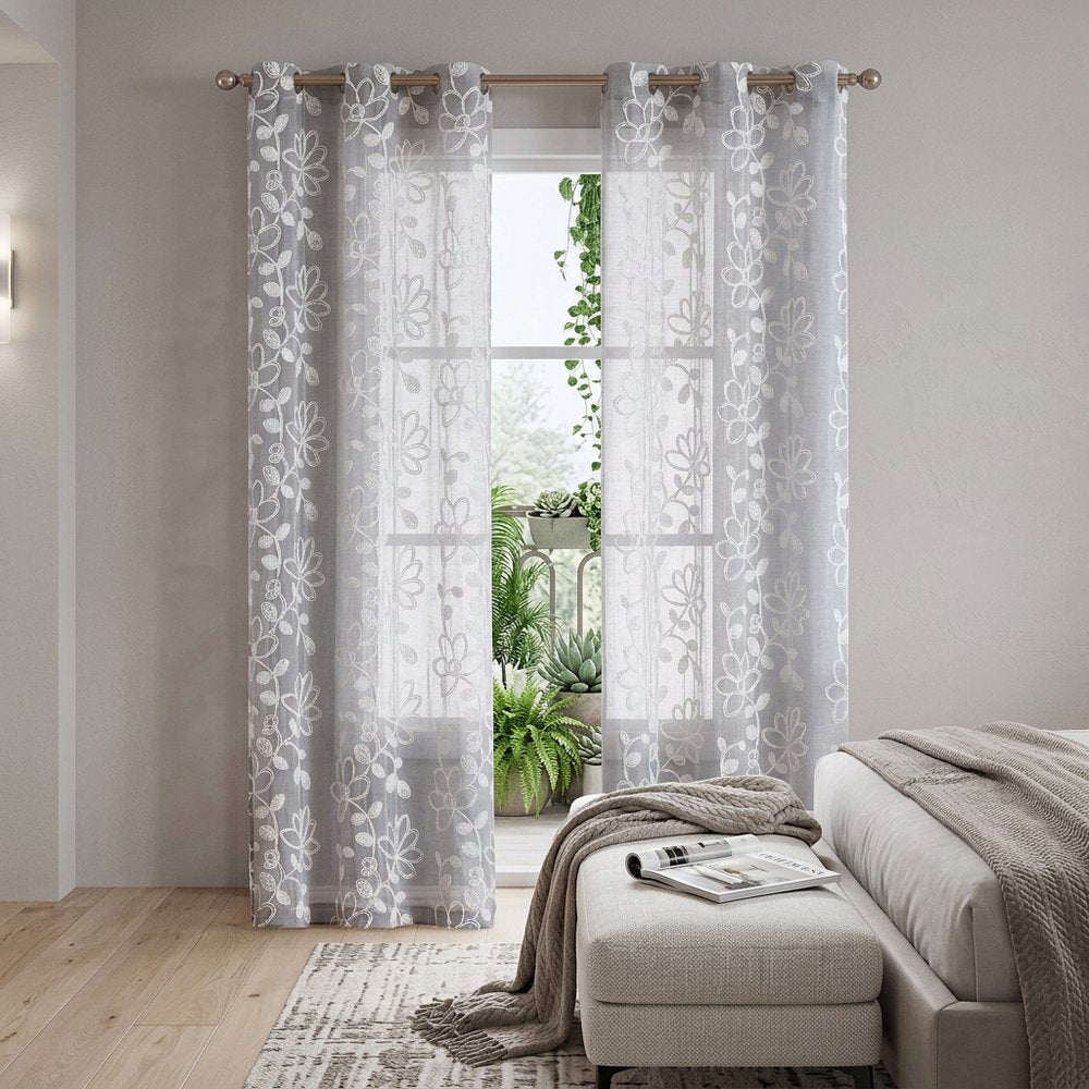 Set of Two 96"  Silver Floral Embroidered Window Panels